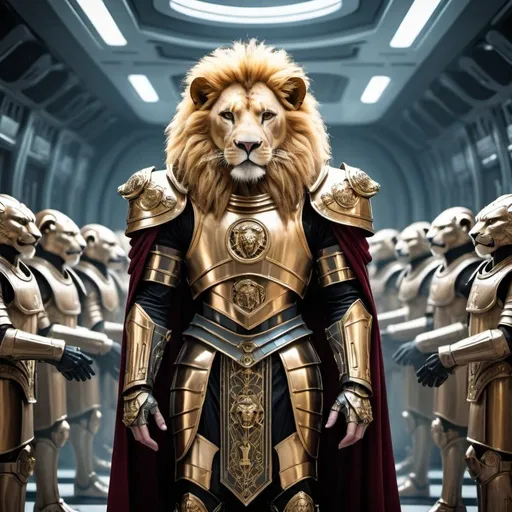 Prompt: A lion humanoid,Emperor, dressed in roman Style clothing,on a Science fiction spaceship in gothic style,standing in front of a army of lion Humanoid Soldiers dressed in in futuristic gothic armor.