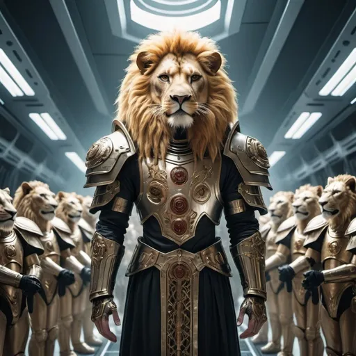 Prompt: A lion humanoid,Emperor, dressed in roman Style clothing,on a Science fiction spaceship in gothic style,standing in front of a army of lion Humanoid Soldiers dressed in in futuristic gothic armor.make it look epic,pov from above.