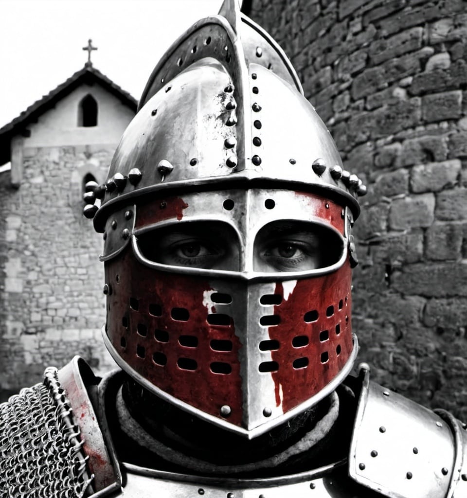Prompt: A black and white photo of a medieval knight with his helmet raised blood on the face, high resolution.