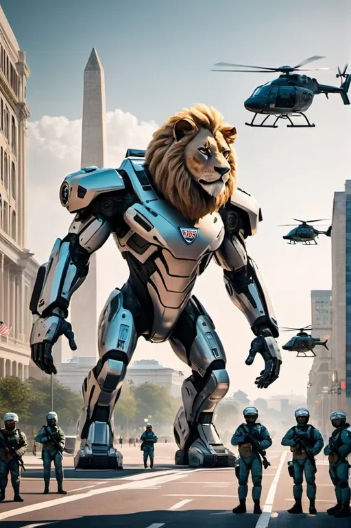 Prompt: A Futuristic Washington DC city with lion Humanoids, with Saifi advanced helicopters in the sky, Realistic looking, Lion humanoid soldiers standing around,