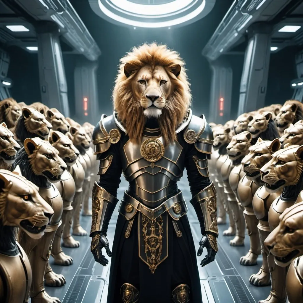 Prompt: A lion humanoid,Emperor, dressed in roman Style clothing,on a Science fiction spaceship in gothic style,standing in front of a army of lion Humanoid Soldiers dressed in in futuristic gothic armor.make it look epic,pov from above.