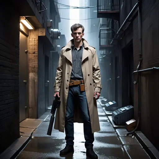 Prompt: A man wearing a trench coat a button up t-shirt, a belt with science fiction gadgets,holding a science fiction rifle, standing in a Alley way,a science fiction cityscape, dark gloomy setting. 
