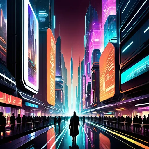 Prompt: "In the heart of a futuristic metropolis, towering skyscrapers of glass and steel stretch towards the heavens, reflecting the neon glow of holographic billboards and pulsating lights. Hovering vehicles zip through the air, leaving trails of shimmering energy in their wake, while sleek trains glide along magnetic tracks far above the bustling streets. In the shadows of the towering structures, cybernetically enhanced citizens weave through crowds of androids and augmented beings, their lives intertwined with the ever-present hum of technology. Amidst the gleaming facades and endless possibilities, secrets lurk in the alleys and beneath the surface of this dazzling sci-fi cityscape."





