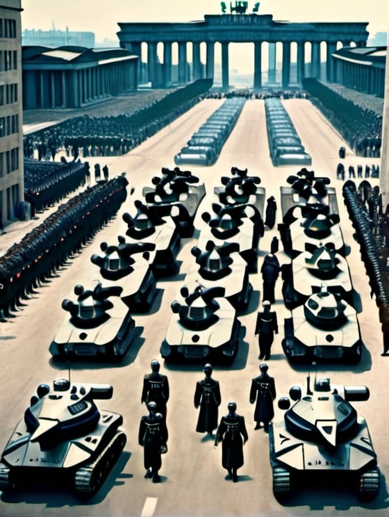 Prompt: A Futuristic setting,in Berlin, a parade of futuristic nazis,science fiction style tanks and troops,