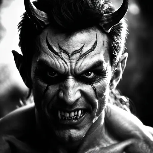 Prompt: Black & white picture of a man/demon,left half of the face is showing very evil  Attributes demon, high resolution, 