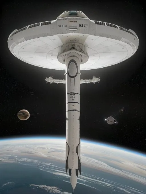 Prompt: A 40ft and 10ft wide spaceship white in color, heading to a 100ft long with a Oval top space Station, orbiting planet earth, smaller space shuttle type ships flying to an from earth.