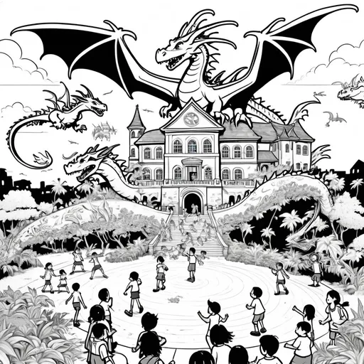 Prompt: B&W coloring book page, Image Description: A colorful and magical island with a school building on it. The school is surrounded by various dragons flying and playing. In the foreground, a group of excited children, including a boy named 翔翔, are gathered, looking eager to start their journey as dragon trainers. , line art, solid white background