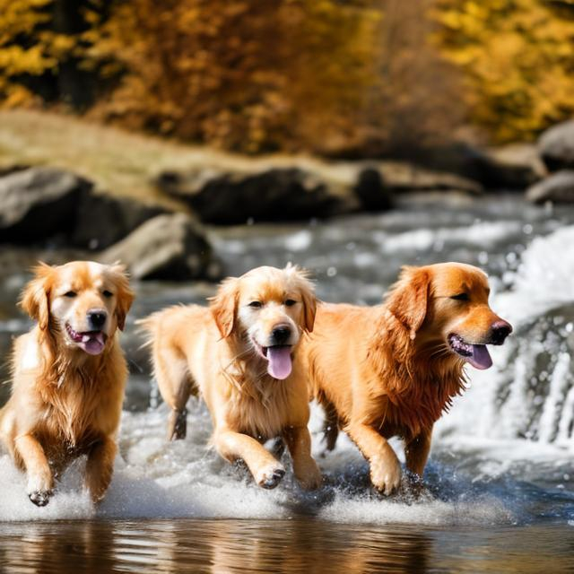 Prompt: red and blond golden retrievers along a stream