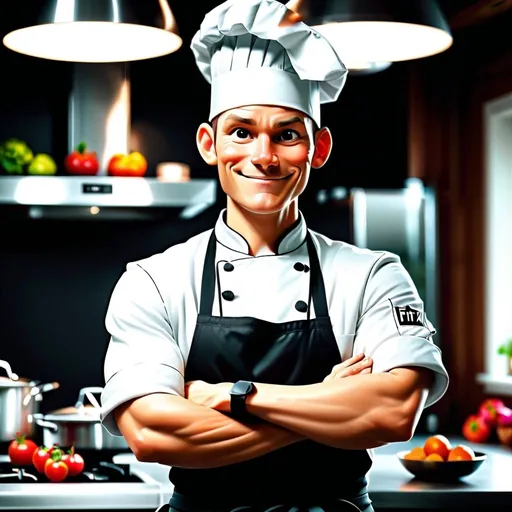 Prompt: Fit chef crossing arms while slightly smiling in a modern kitchen black and white image