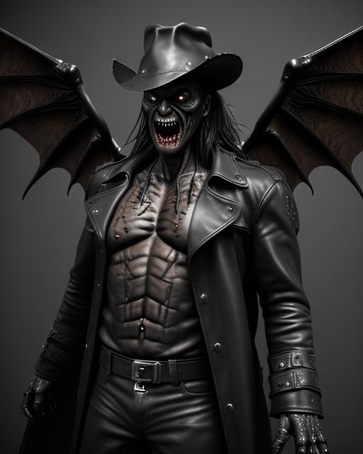 Prompt: The monster from the jeepers creepers movies, black leather trenchcoat, black leather hat, mouth full of large vicious sharp pointed teeth, his wings are huge, the leathery skin is nearly translucent with veins and bones extremely visible, wings fully spread open, his mouth full of sharp pointed teeth are gnarling, photo realistic, 3d render, hyper realistic, uhd, 32k, horror, dusk lighting, wide angle shot