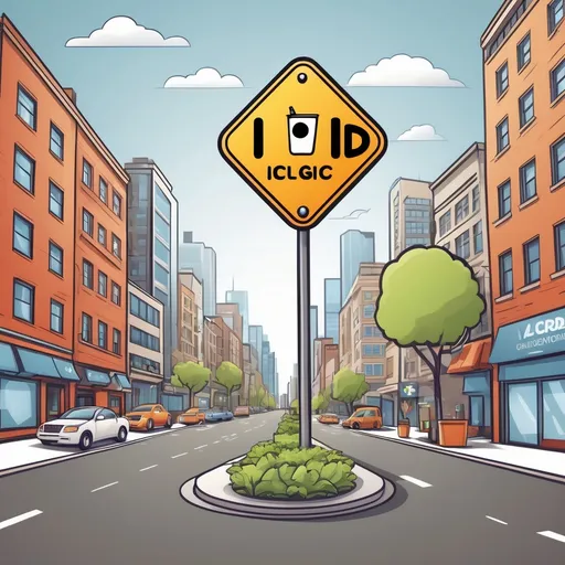 Prompt: Creame una imagen de caricatura para una empresa de comunicacion visual mostrando en una ciudad tosdos sus productos, y agregale carteles con el logo ID