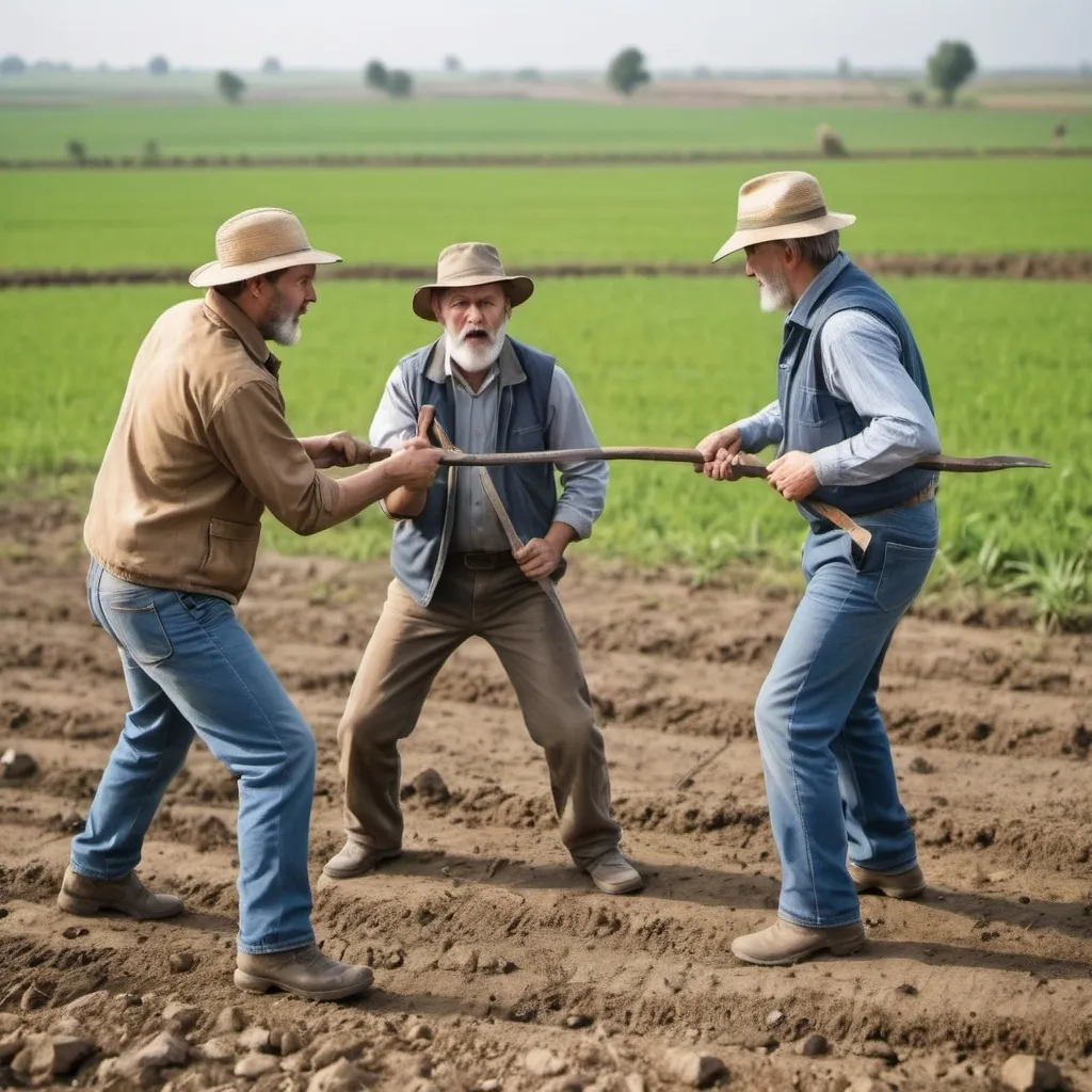 Prompt: Two geologists fighting against one farmer armed with crowbar on a farmland