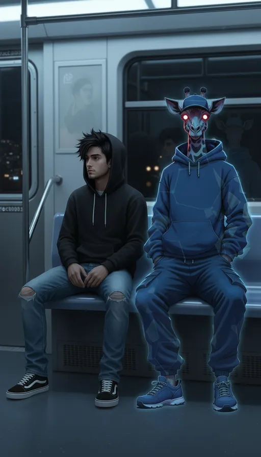 Prompt: Ein ultra-realistisches Nachtfoto im Inneren eines modernen U‑Bahn‑Abteils. @QGY6QzStUGfBI3JTG8jH  sitzt am Fenster und blickt nachdenklich nach draußen; draußen nur wenige, weiche Lichtpunkte in der Ferne (keine Streifen, kein Motion Blur). Neben @QGY6QzStUGfBI3JTG8jH  sitzt eine geheimnisvolle, leicht bedrohliche Science‑Fiction‑Figur – diese Figur ist @rkXyNv1B7TC6x5qwYe8G als humanoider Giraffen-Geist: groß, schlank, mit einem Giraffenkopf und subtilen dunklen Giraffenflecken, die an Hals und Gesicht sichtbar sind. Ersetze die glänzende Alien-Haut durch einen organisch-technischen Hybrid-Look, angepasst an den Giraffen-Geist: eine schwache ätherische Aura, leicht transparente, mystische Kanten und geometrische, facettierte Muster, die subtil im Leuchten um die Konturen angedeutet sind. Die Augen glimmen sehr schwach in einem kalten, tiefen Rot (nicht hell), ausdruckslos und unheimlich. Die Figur ist vollständig in die Szene integriert, sitzt still und wirkt präsent, aber fremdartig. Eine dezente Spiegelung von @QGY6QzStUGfBI3JTG8jH  Gesicht und ein schwacher Hauch der Giraffenfigur sind auf der Fensterscheibe sichtbar. Kema trägt einen schwarzen Hoodie mit Kapuze (Gesicht teilweise im Schatten), zerrissene Jeans, Vans Sneakers. Die Beleuchtung ist gedämpft, cineastisch, mit realistischen Haut- und Stofftexturen, neutrales Farbgrading mit kalten blauen Lichtern und weichen praktischen Lichtern aus dem Abteil. Geringe Schärfentiefe, scharfer Fokus auf Kema und die Giraffenfigur, keine Stilisierung, kein Comic-Look, hyper-reale Details. Seitenverhältnis 16:9.Outfit-Hinweise für @@rkXyNv1B7TC6x5qwYe8G  (subtil integriert, um dem Realismus zu entsprechen, entsättigte Töne):Blauer Hoodie mit Fronttasche, lockere blaue Cargohose, blaue Sneaker ohne Logos, blaue Kappe mit Visier nach vorne. Halte die Farbtöne gedämpft, um zur Beleuchtung der U-Bahn zu passen; priorisiere Realismus über Stilisierung.