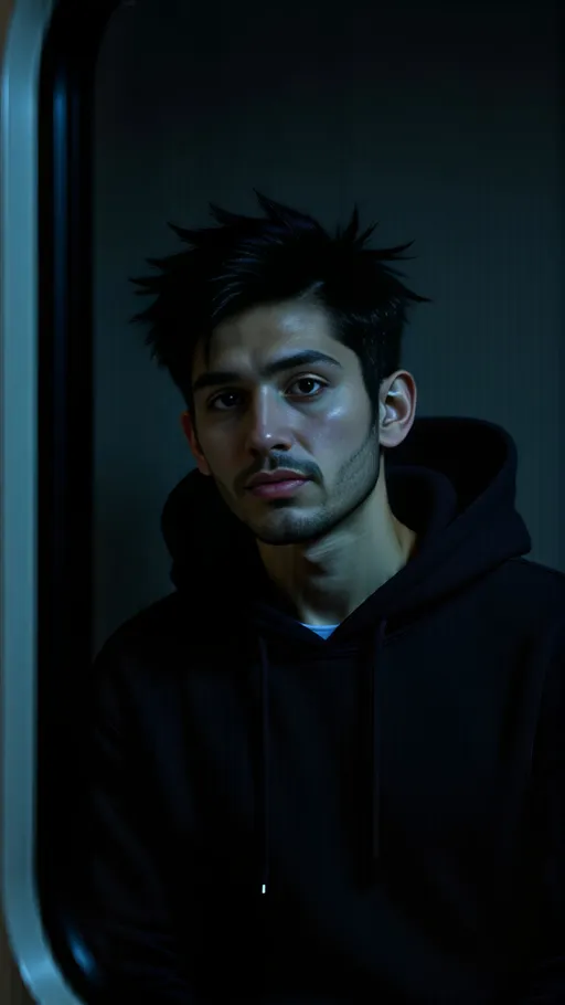 Prompt: Neuer Prompt (ohne Streifen):Ein ultra-realistisch fotografiertes Bild eines Zugfensters bei Nacht. Draußen ist eine dunkle, ruhige Nachtlandschaft mit vereinzelten, weichen Lichtpunkten in der Ferne (keine Lichtstreifen, kein Motion Blur). In der Fensterscheibe spiegelt sich dezent das Gesicht von @QGY6QzStUGfBI3JTG8jH : glaubhafte Spiegelung mit natürlicher Hauttextur, feinen Poren, sanften Reflexen auf den Augen. Der Innenraum des Zuges bleibt im Hintergrund dunkel und leicht unscharf; Fokus liegt auf der Spiegelung von @QGY6QzStUGfBI3JTG8jH  Gesicht im Fenster. Stimmung: ruhig, nachdenklich, cineastisch. Fotografischer Look wie mit einer DSLR: 50mm, f/1.8, ISO 800, 1/60s, leichte natürliche Filmkörnung, realistische Glasreflexe, minimale Schlieren, dezentes Bokeh, authentische Lichtabfälle. Komposition seitlich im Goldenen Schnitt; Fensterrahmen als klare Linien.