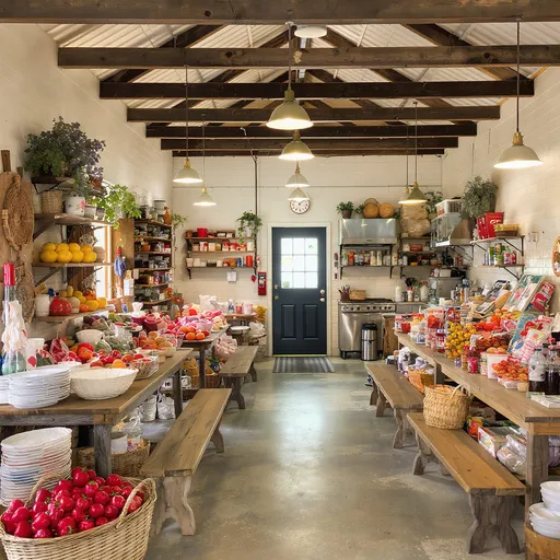 Prompt: Interior Layout 24 x 25 foot building used as an old fashion store. Store with open air feeling. In the front portion tables with baskets and shelves for fresh produce and food  and convenience items. Dining tables with benches along one side of the building interior for lunch customers. Kitchen in the back portion of the building to make lunches. 1 Bathroom in the middle of the building
