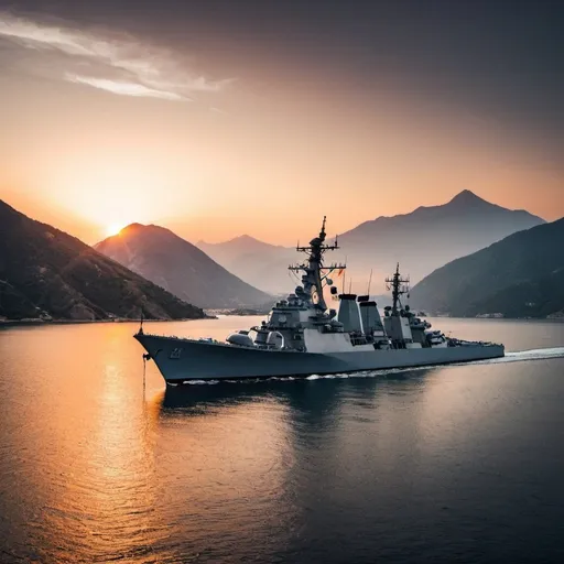 Prompt: warship with moutain view in sunset