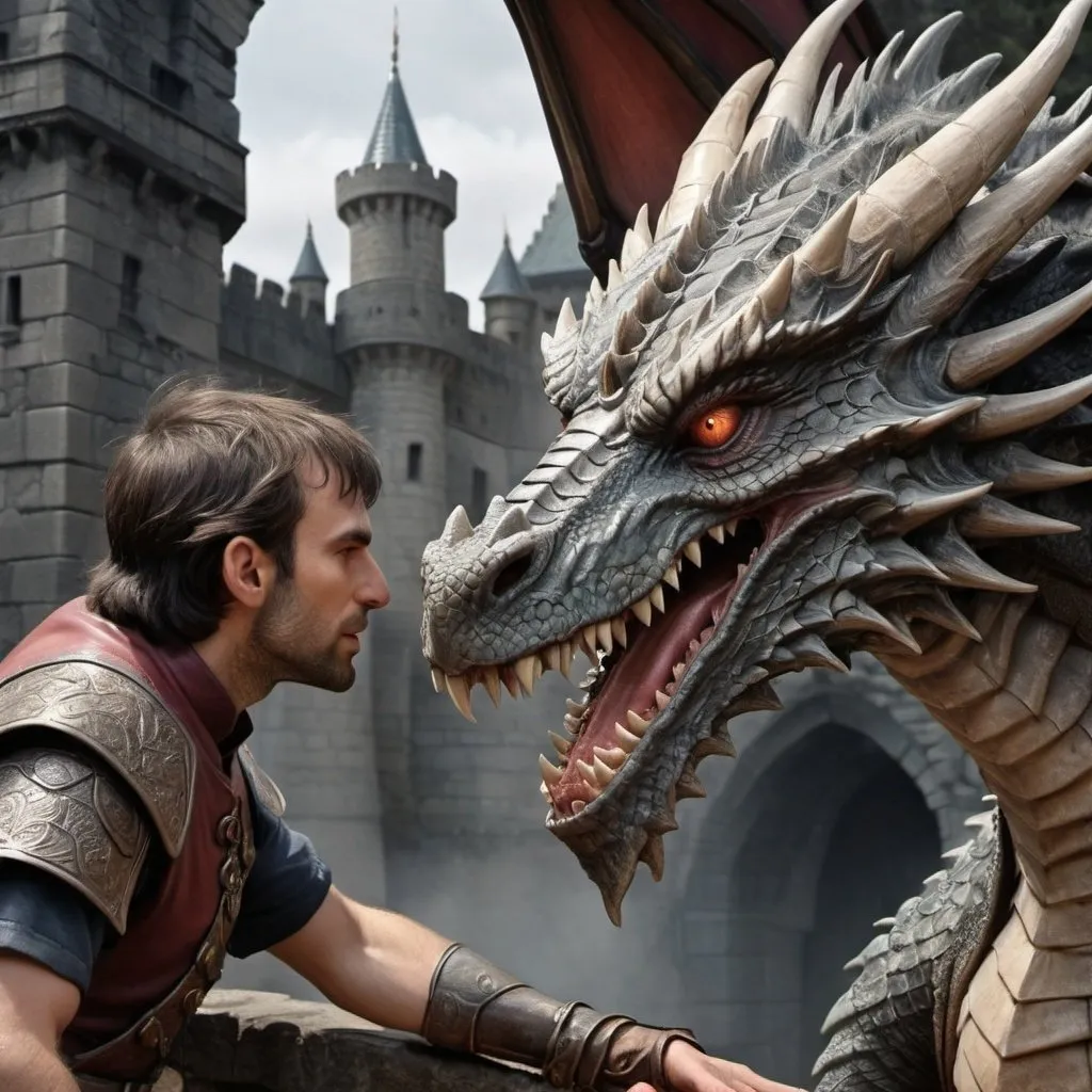 Prompt: daemon targareyn touches vhagar dragon nose, dragon without anger, castle, realistic