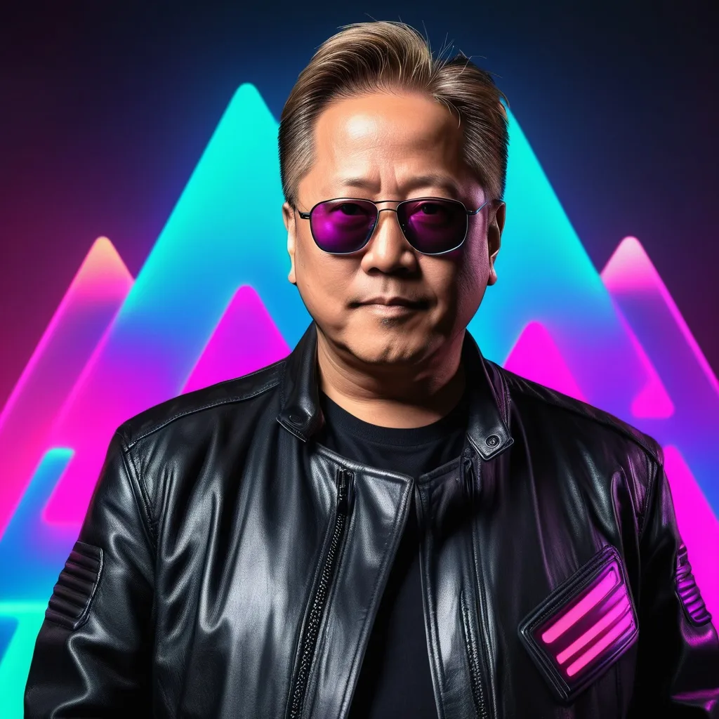 Prompt: Jensen Huang wearing black leather jacket with synthwave background.