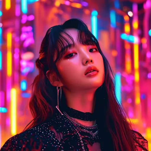 Prompt: Kpop idol Minji with synthwave background.