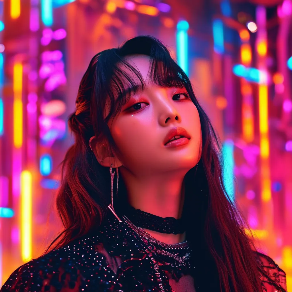 Prompt: Kpop idol Minji with synthwave background.