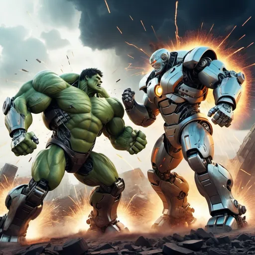 Prompt: (hulking robots battling), dramatic clash of titans, explosive action scene, high-speed movement, copious mechanical details, radiant energy bursts, epic destruction, chaotic sparks flying, cinematic angles, vivid colors, monumental scale, engaging composition, (ultra-detailed) illustration quality, immersive atmosphere of intense rivalry, futuristic landscape as backdrop, thunderous noise.