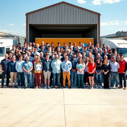 Prompt: Create an AI generated photo of this exact concept. This is my current team. I want to post a large framed photo of our future team at the office. (100+ team members) Try to mimic all the existing details in this photo (attire, company trucks in the background, colors- just a whole lot more employees