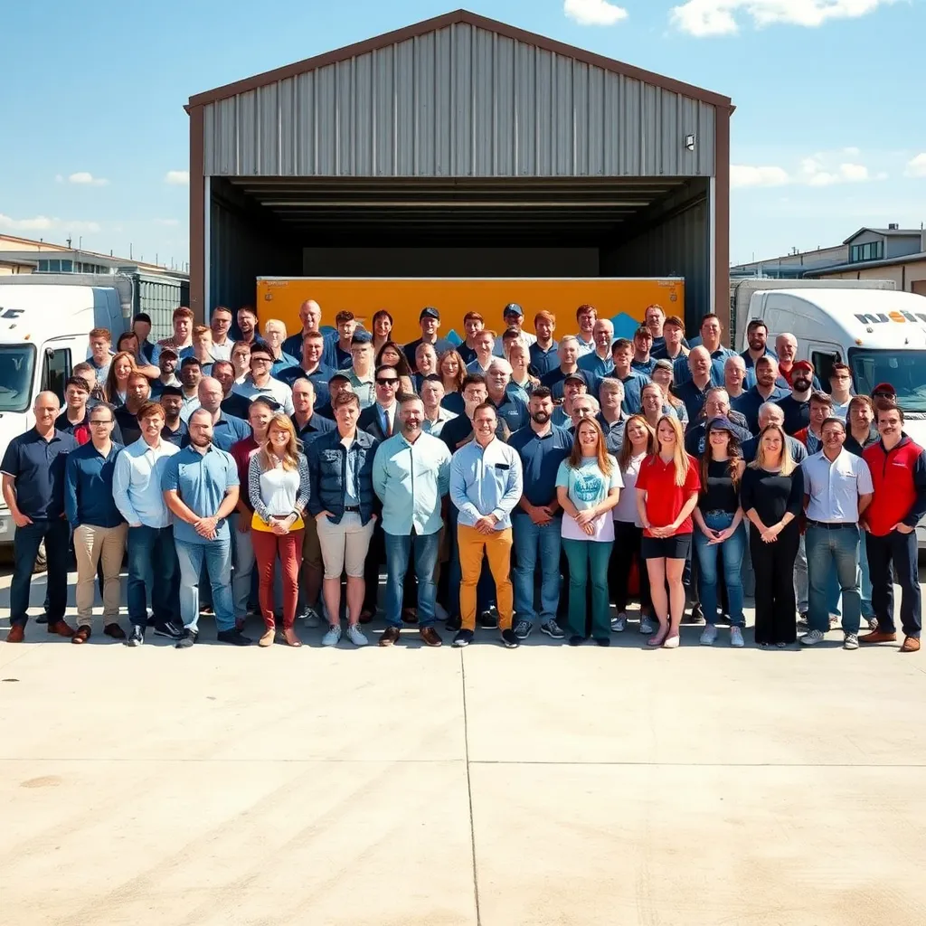 Prompt: Create an AI generated photo of this exact concept. This is my current team. I want to post a large framed photo of our future team at the office. (100+ team members) Try to mimic all the existing details in this photo (attire, company trucks in the background, colors- just a whole lot more employees