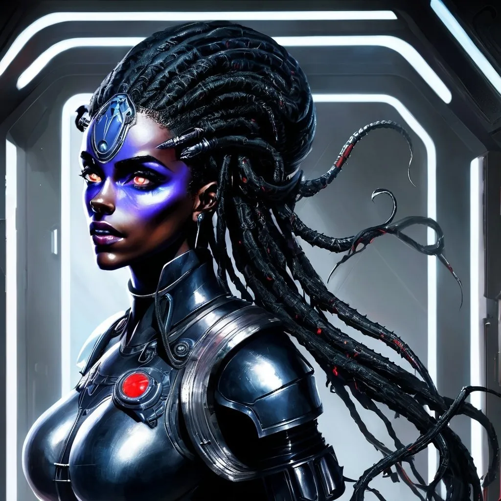 Prompt: Alien, dark skin, Imperial Knight Jedi, mikkian, tendril-hair, Tentacle-hair, dreadlocks, red armor imperial knight of star wars, full body,