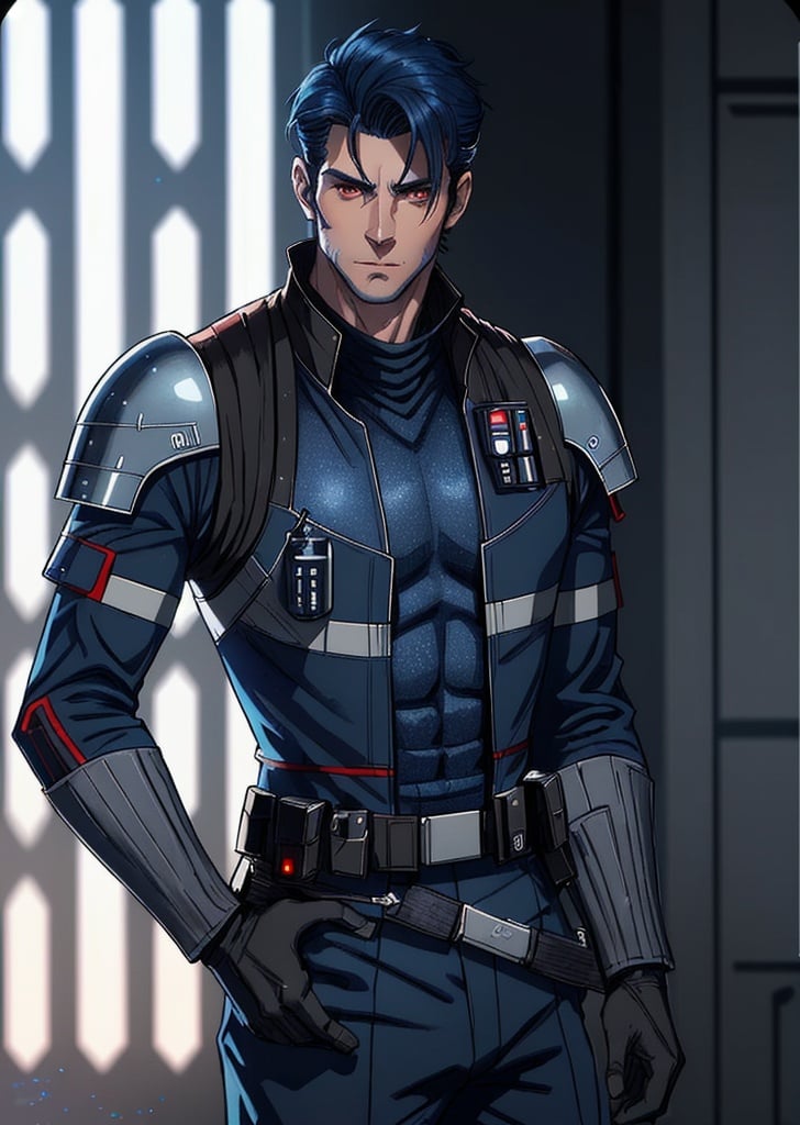 Prompt: man, red eyes, star wars, imperial officer, Chiss, slicked hair, navy blue skin, blue skin, manly, masculine, hardened, handsome, attractive,