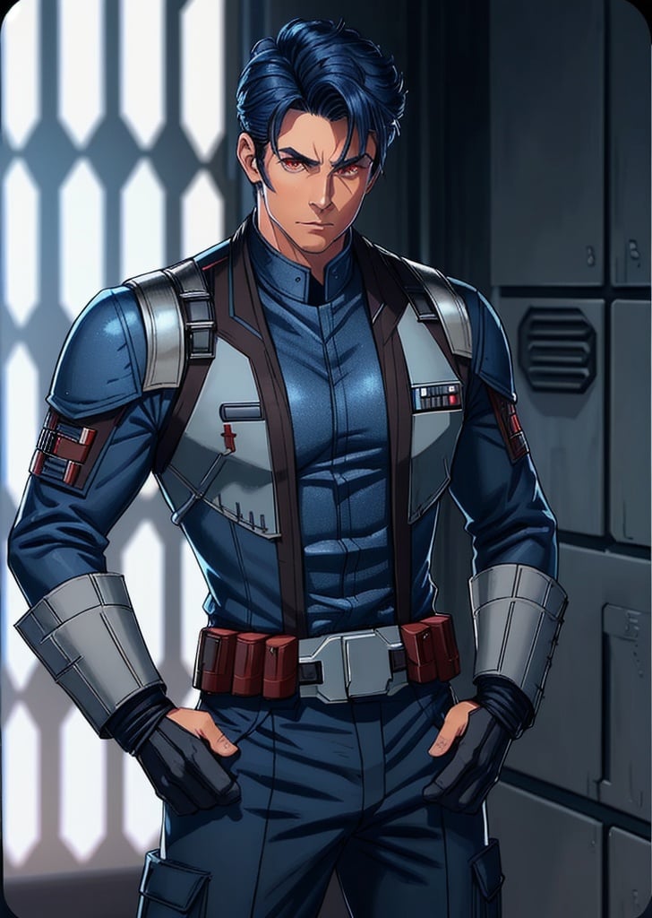Prompt: man, red eyes, star wars, imperial officer, Chiss, slicked hair, navy blue skin, blue skin, manly, masculine, hardened