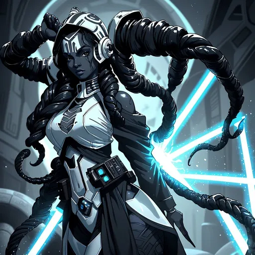 Prompt: A beautiful young woman, stunning, alien, black and white skin, jedi, symmetrical, hardened, tentacle hair, tough, head-tendrils, star wars