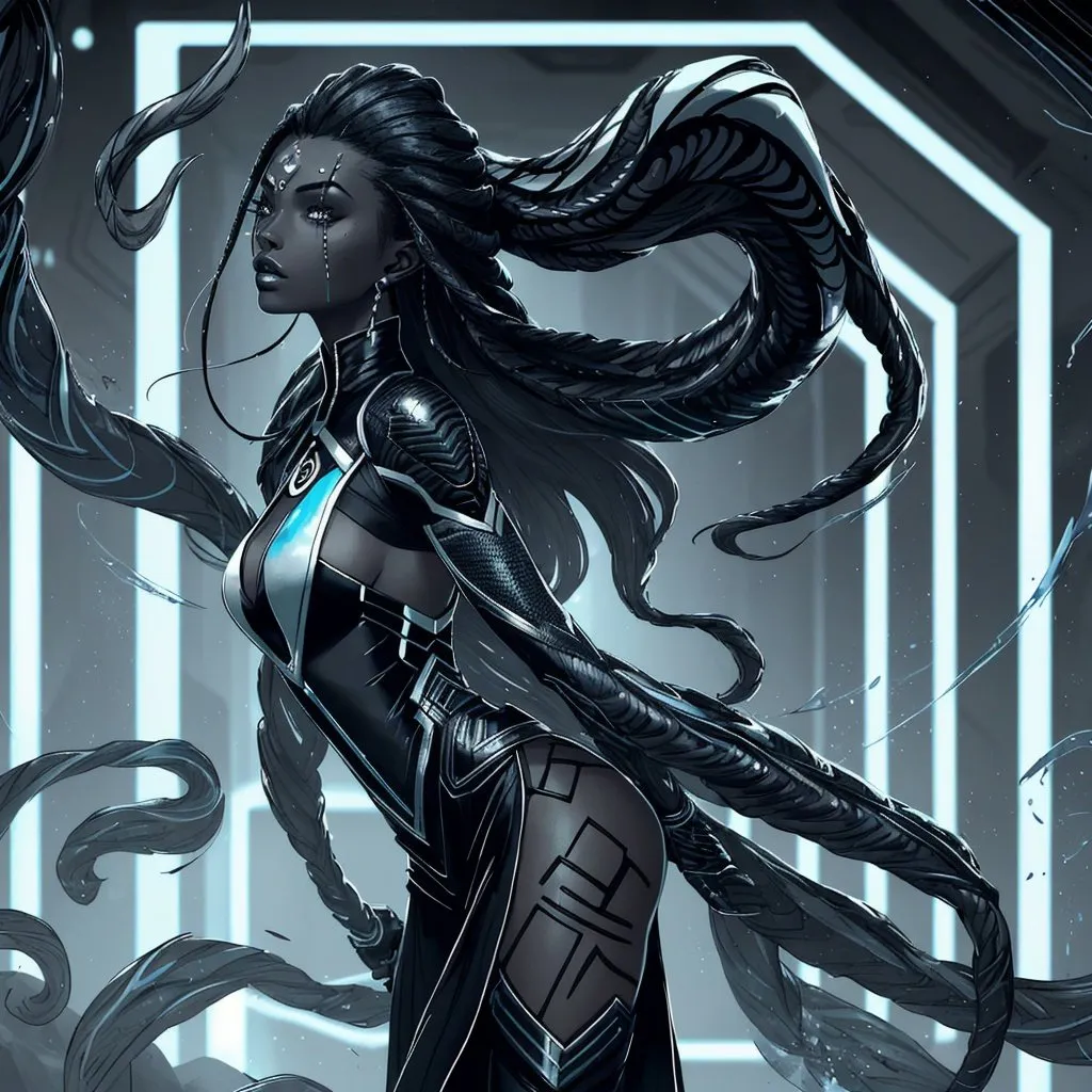 Prompt: A beautiful young woman, stunning, alien, black and white skin, jedi, symmetrical, hardened, tentacles for hair, tough, head-tendrils, tentacles for hair