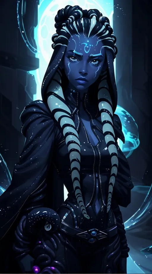 Prompt: A beautiful young woman, stunning, alien, black and white skin, jedi, symmetrical, hardened, tentacle hair, tentacle hair, tendrils for hair, tough, head-tendrils