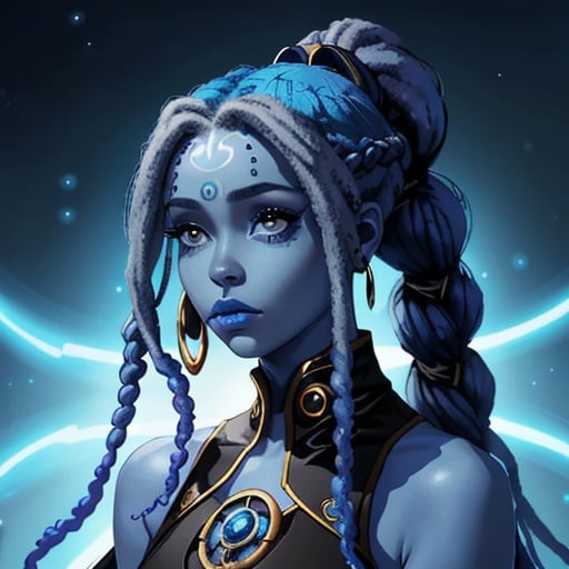 Prompt: A beautiful young woman, stunning, alien, blue skin, tentacles for hair, dreadlocks, jedi, symmetrical 