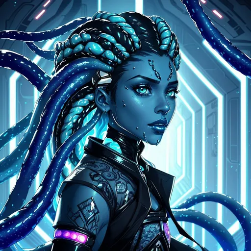 Prompt: A beautiful young woman, stunning, alien, black and white skin, jedi, symmetrical, hardened, tentacle hair, tentacle hair, tendrils for hair, tough, head-tendrils