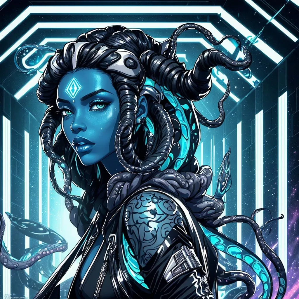 Prompt: A beautiful young woman, stunning, alien, black and white skin, jedi, symmetrical, hardened, tentacle hair, tendrils for hair, tough, head-tendrils