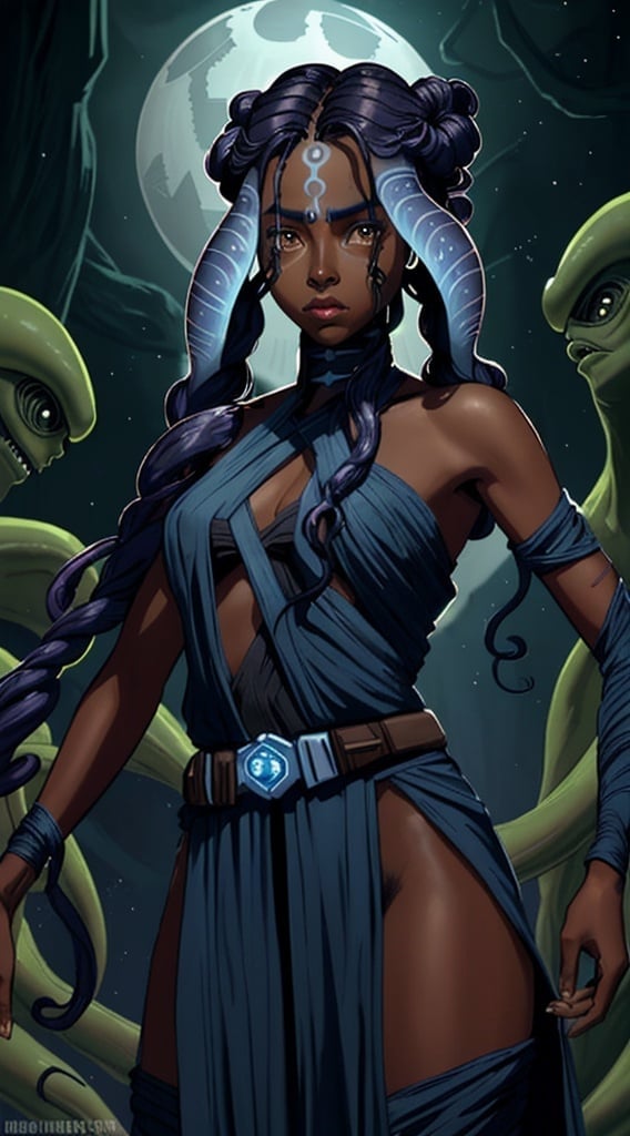 Prompt: star wars, jedi, alien, stunning beauty, tendrils for hair, tentacle hair, dark skin, one face, two arms, alien