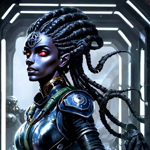 Prompt: Alien, dark skin, Imperial Knight Jedi, mikkian, tendril-hair, Tentacle-hair, dreadlocks, red armor imperial knight of star wars, full body,