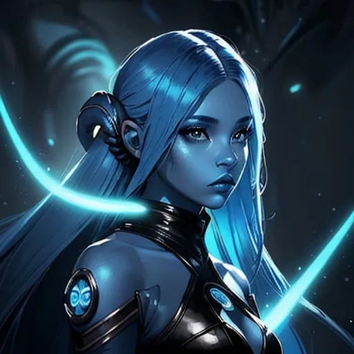 Prompt: A beautiful young woman, stunning, alien, blue skin, tentacles for hair, jedi, symmetrical, hardened