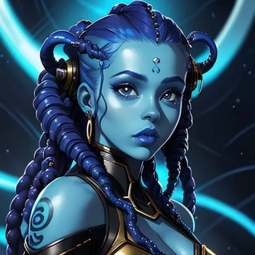 Prompt: A beautiful young woman, stunning, alien, blue skin, tentacles for hair, jedi, symmetrical, hardened, dreadlocks, tendril hair