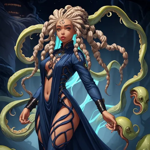 Prompt: A beautiful young woman, stunning, alien, navy skin, tentacles for hair, dreadlocks, jedi, symetrical, tendrils for hair