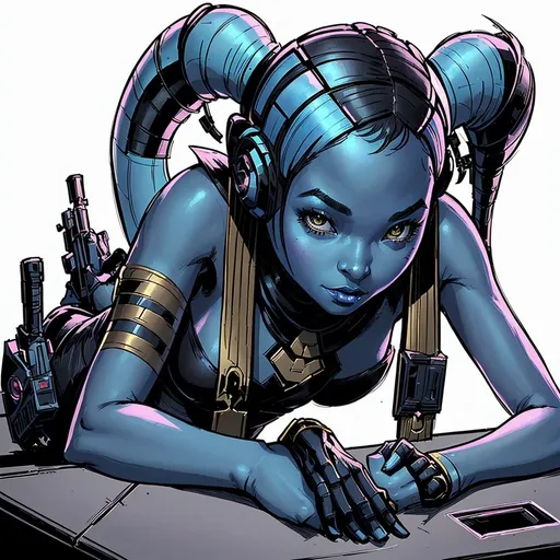 Prompt: A beautiful young woman, stunning, alien, comic art style, Star Wars RPG player character tabletop token art, hairless athletically built wondrously attractive Star Wars Twi'lek girl with unusually colored skin and two long headtails is evading attempts from guards to restrain her, wearing ornate decorative headphones across her brow and entirely covering her ears