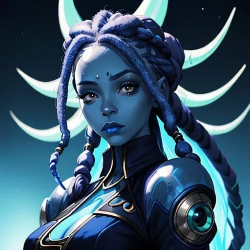 Prompt: A beautiful young woman, stunning, alien, blue skin, tentacles for hair, dreadlocks, jedi, symmetrical, hardened
