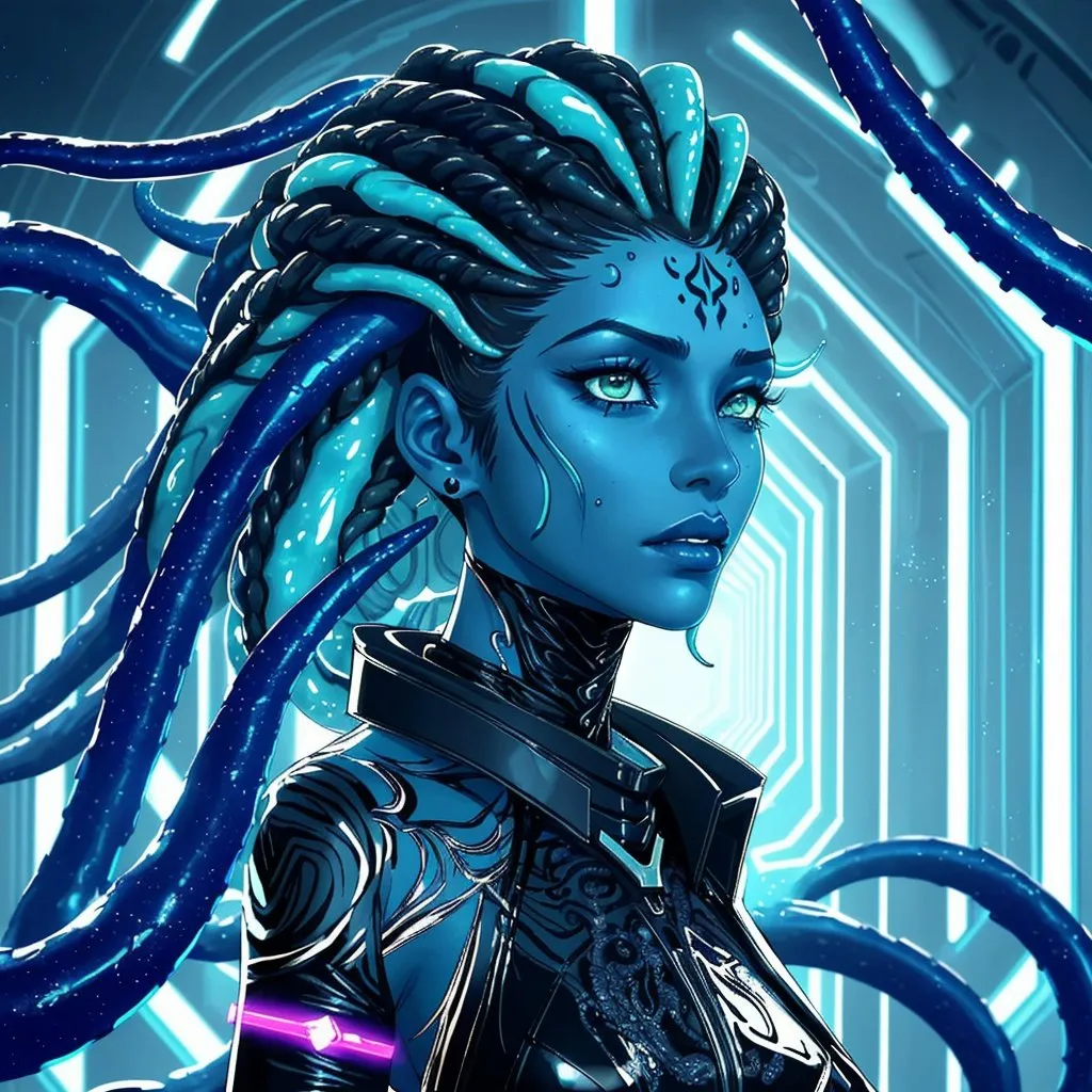 Prompt: A beautiful young woman, stunning, alien, black and white skin, jedi, symmetrical, hardened, tentacle hair, tentacle hair, tendrils for hair, tough, head-tendrils