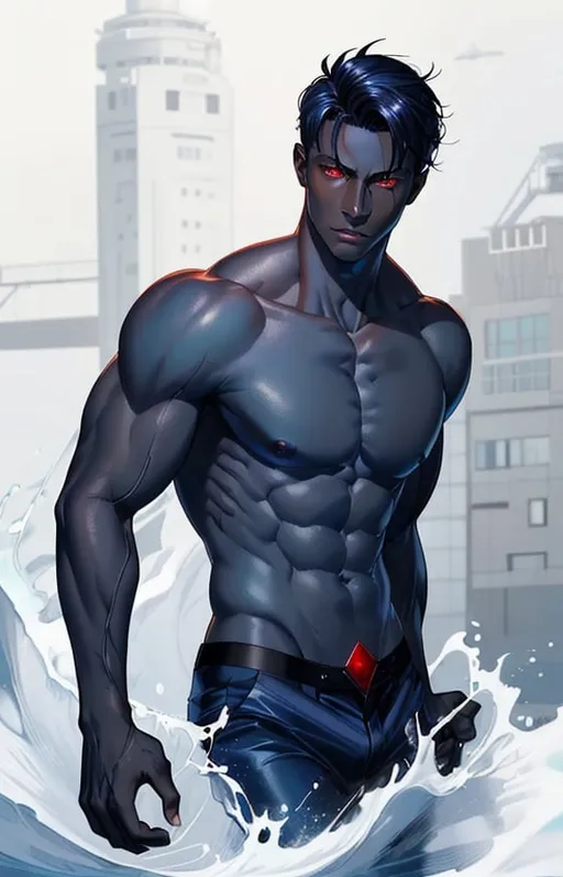 Prompt: masculine, handsome, beautiful, navy blue skin, dark skin, red eyes,