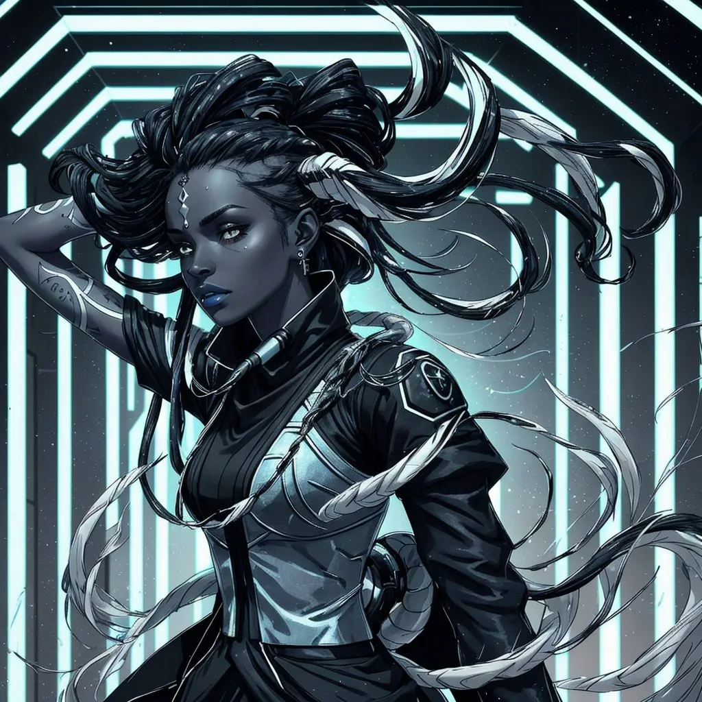 Prompt: A beautiful young woman, stunning, alien, black and white skin, jedi, symmetrical, hardened, tentacles for hair, tough, head-tendrils, tentacles for hair