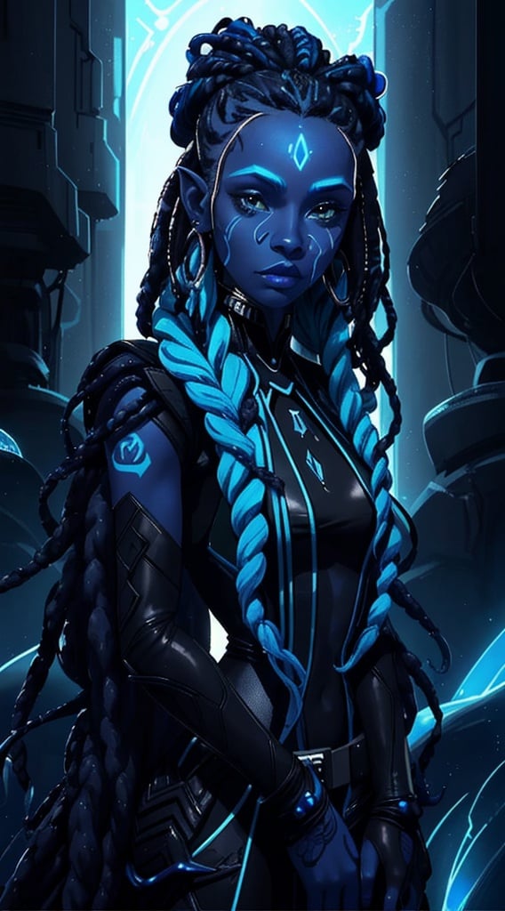 Prompt: A beautiful young woman, stunning, alien, black and blue skin, jedi, symmetrical, hardened, tendril hair, tentacle hair, tendrils for hair, dreadlocks, tough