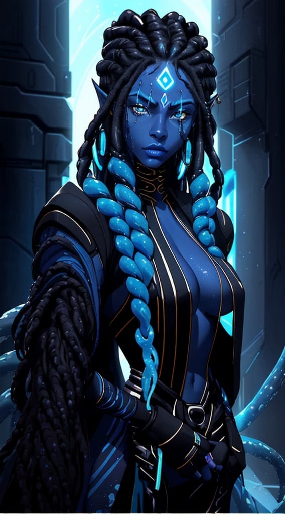 Prompt: A beautiful young woman, stunning, alien, black and blue skin, jedi, symmetrical, hardened, tentacle hair, tentacle hair, tendrils for hair, dreadlocks, tough, head tendrils