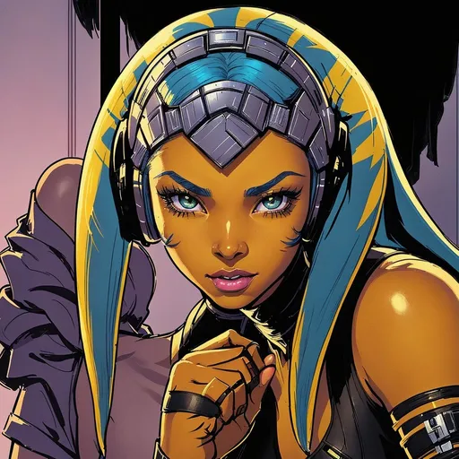 Prompt: A beautiful young woman, stunning, alien, comic art style, Star Wars RPG player character tabletop token art, hairless athletically built wondrously attractive Star Wars Twi'lek girl with unusually colored skin and two long headtails is evading attempts from guards to restrain her, wearing ornate decorative headphones across her brow and entirely covering her ears