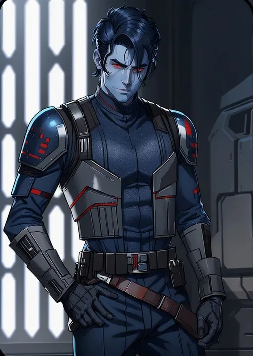 Prompt: man, red eyes, star wars, imperial officer, Chiss, slicked hair, navy blue skin, blue skin, manly, masculine, hardened